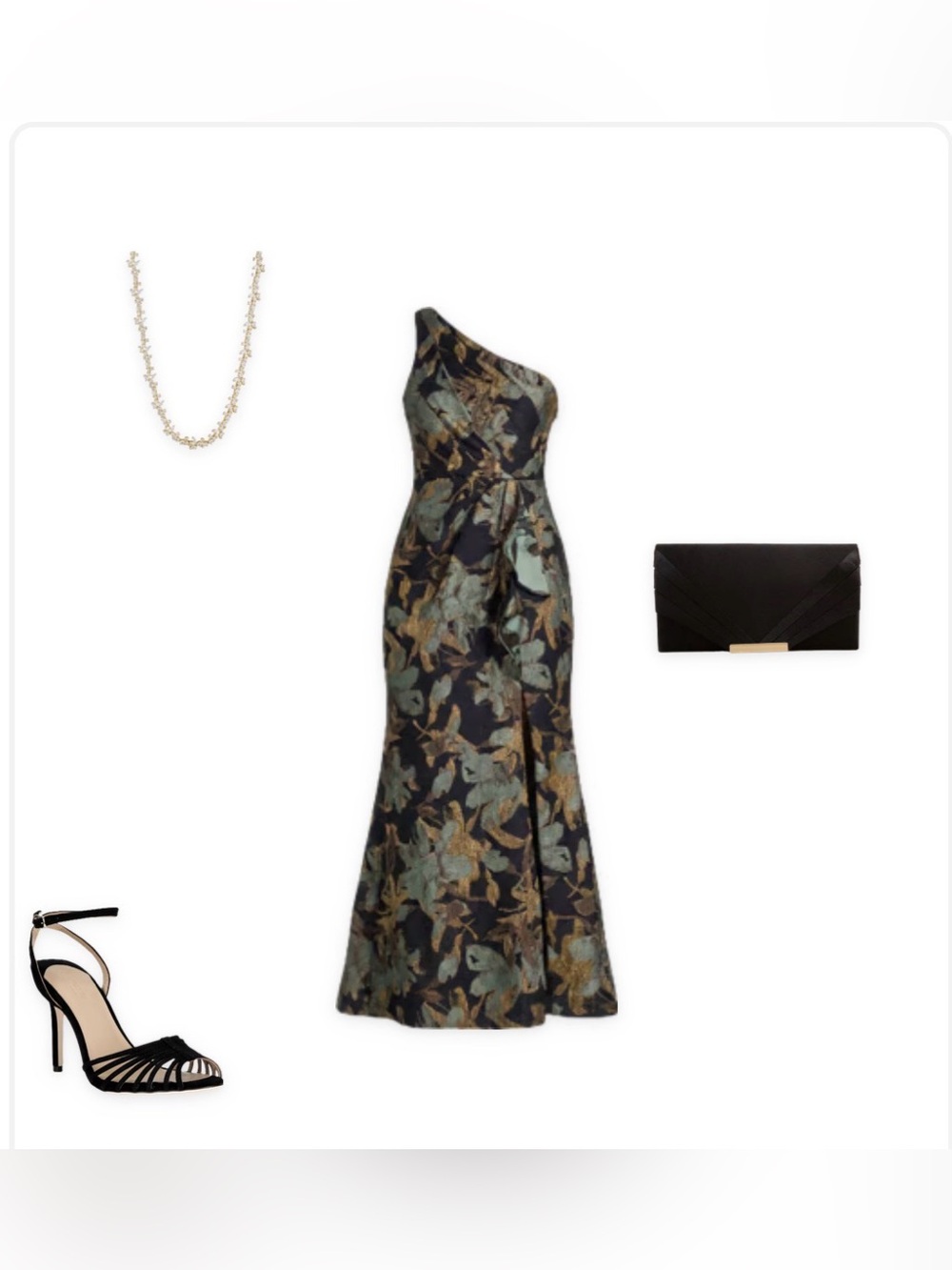 Adrianna Papell Black One-Shoulder Floral Jacquard Gown with Gold Accents - Picture 4 of 16